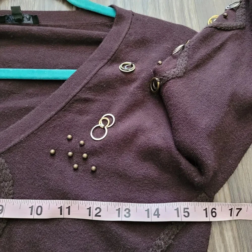 Yuka Womens Embellished Sweater Top Size Small Brown Bronze V-Neck Rayon Blend